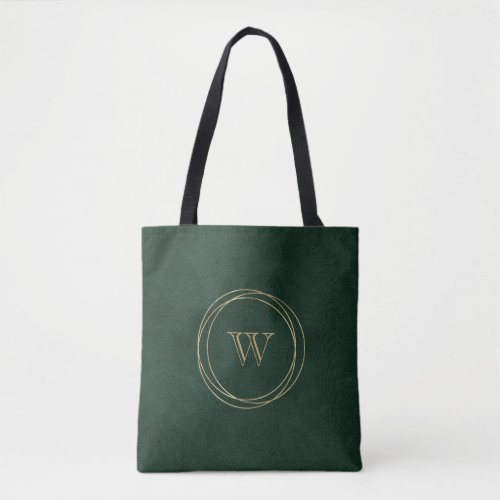 Gold Geometric Circles Green Monogram Faux Leather Tote Bag