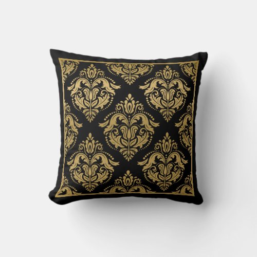 Gold Geometric Damask Frame On Black Throw Pillow