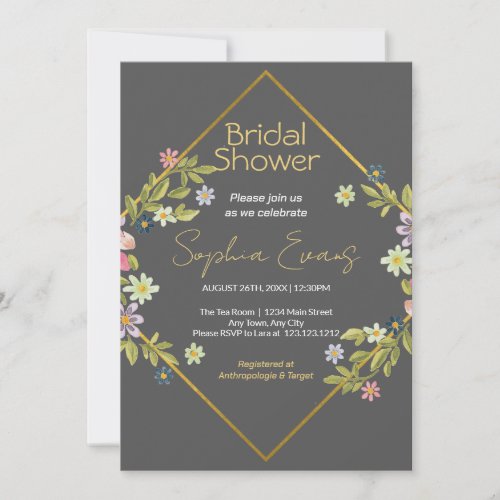 Gold Geometric Dark Gray Floral Bridal Shower Invitation