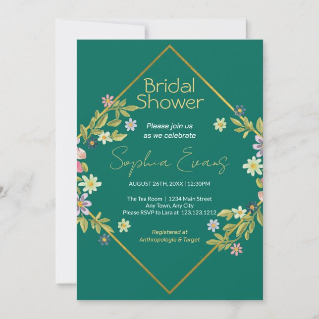 Gold Geometric Dark Green Floral Bridal Shower Invitation (Front)