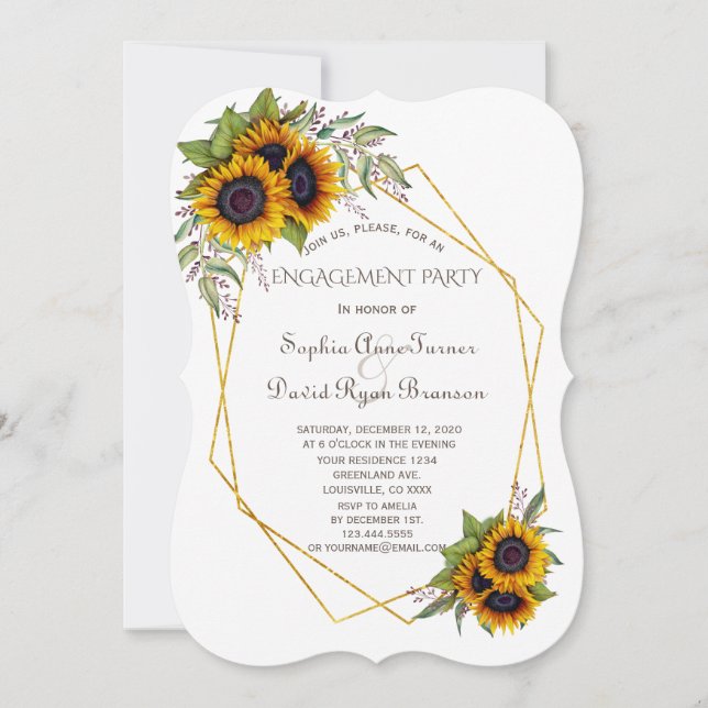 Gold Geometric Diamond Sunflowers Engagement Party Invitation (Front)