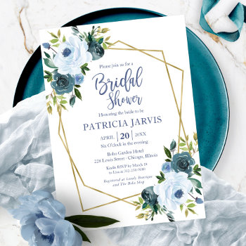 Gold Geometric Dusty Blue Floral Bridal Shower Invitation by StampsbyMargherita at Zazzle