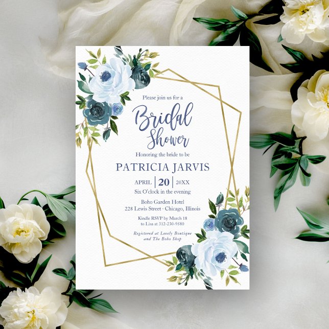 Gold Geometric Dusty Blue Floral Bridal Shower Invitation (Creator Uploaded)