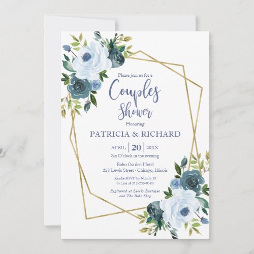 Gold Geometric Dusty Blue Floral Couples Shower Invitation