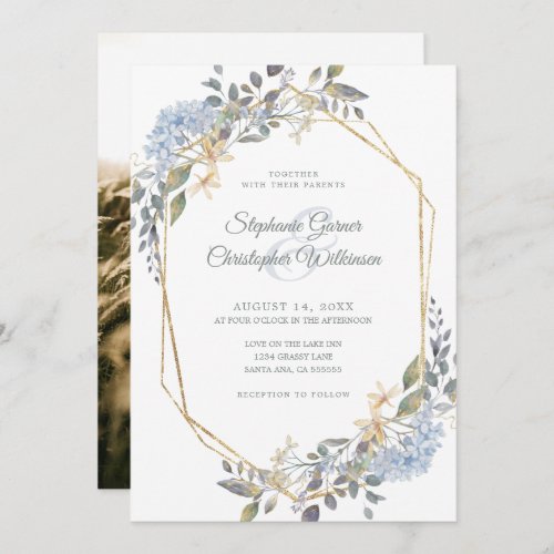 Gold Geometric Dusty Blue Floral Photo Wedding Invitation