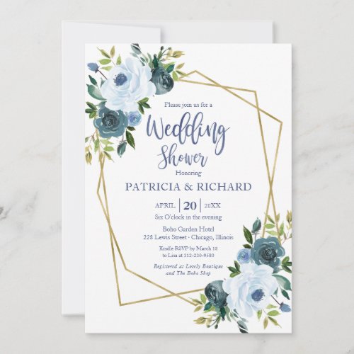 Gold Geometric Dusty Blue Floral Wedding Shower Invitation