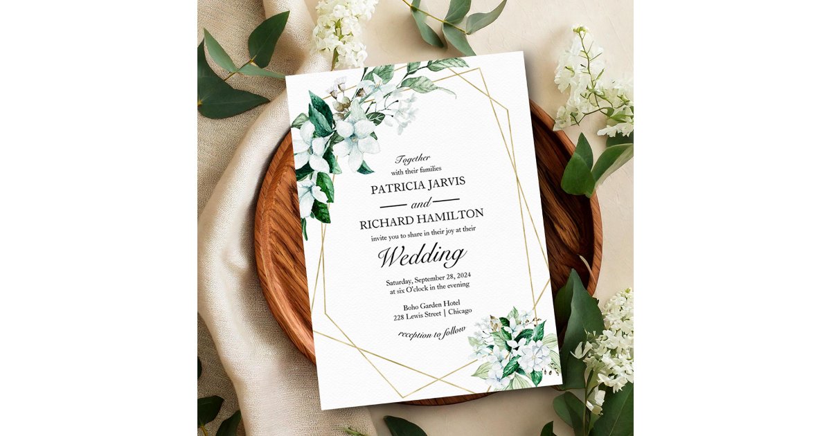 Gold Geometric Elegant Greenery Wedding Invitation | Zazzle