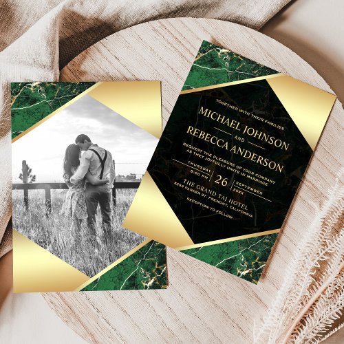 Gold Geometric Emerald Green Marble Photo Wedding Invitation