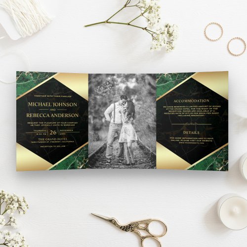 Gold Geometric Emerald Green Marble Photo Wedding Tri_Fold Invitation