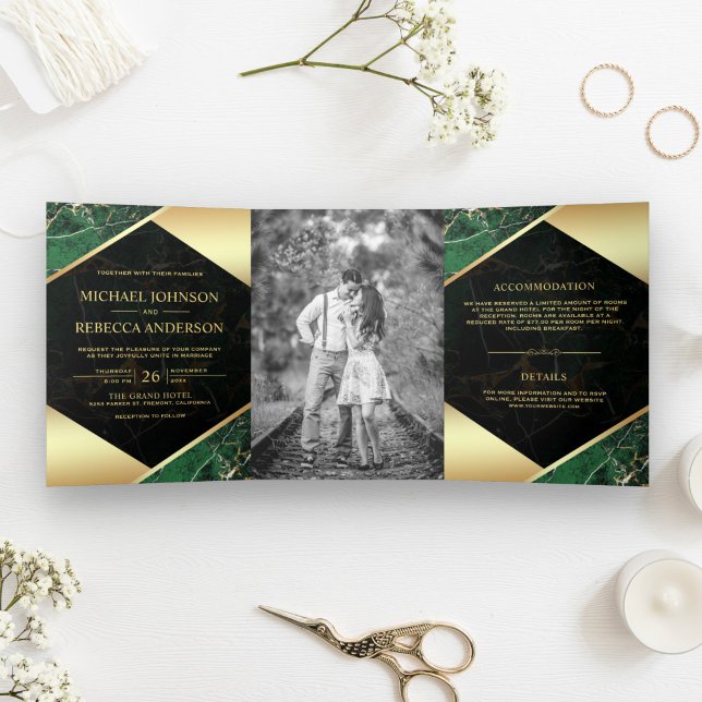 Gold Geometric Emerald Green Marble Photo Wedding Tri-Fold Invitation (Creator Uploaded)