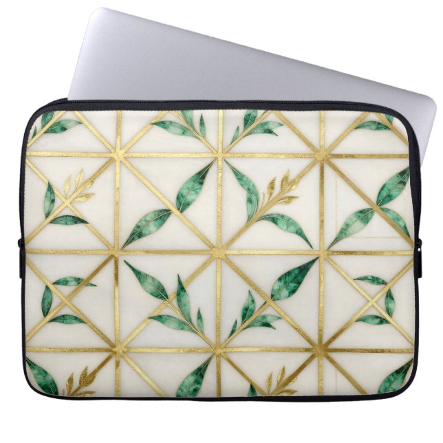 Gold Geometric Emerald Leaf Luxury Pattern Laptop Sleeve (Front)