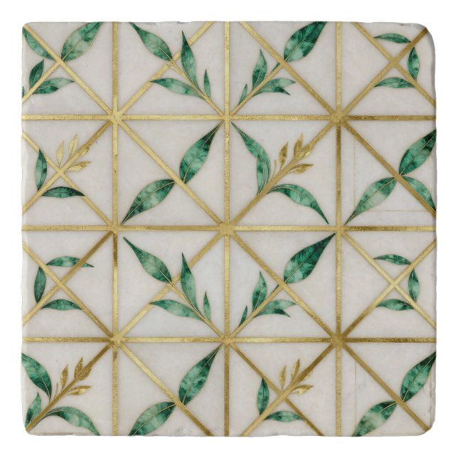 Gold Geometric Emerald Leaf Luxury Pattern Trivet (Front)