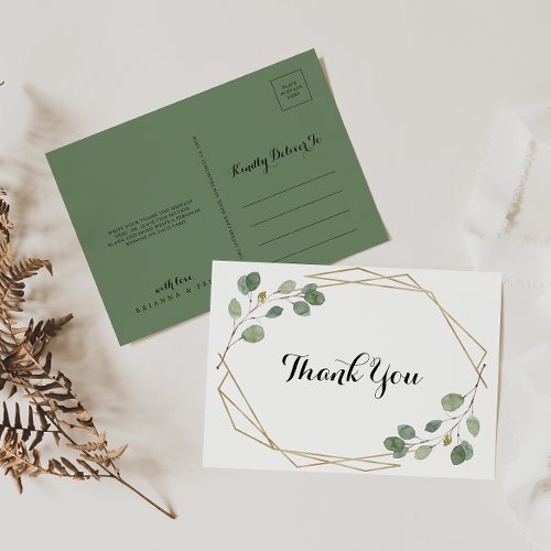 Gold Geometric Eucalyptus Calligraphy Thank You Postcard