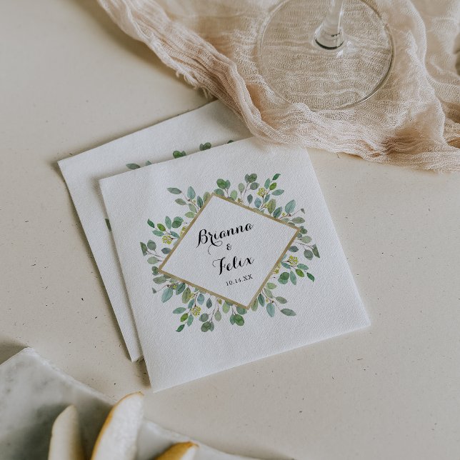 Gold Geometric Eucalyptus Calligraphy Wedding Napkins (Creator Uploaded)