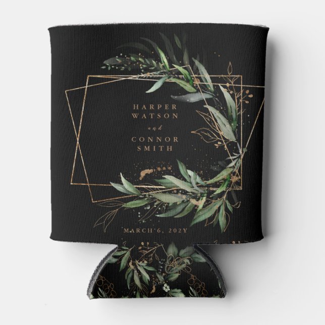 Gold Geometric Eucalyptus Elegant Black Wedding Can Cooler (Front)
