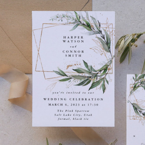 Gold Geometric Eucalyptus Elegant Greenery Moss Invitation