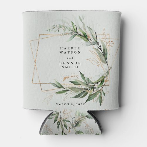 Gold Geometric Eucalyptus Elegant Moss Wedding Can Cooler