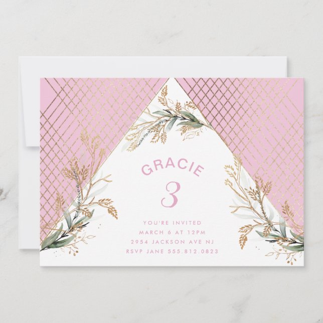 Gold Geometric Eucalyptus Elegant Party Pink Invitation (Front)