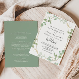 Gold Geometric Eucalyptus  Front & Back Wedding Invitation