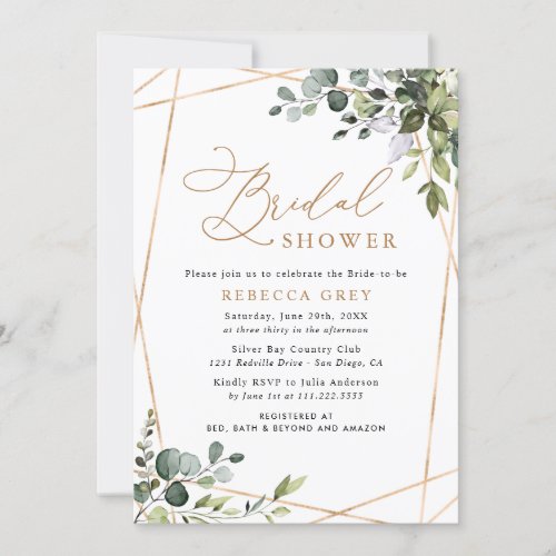 Gold Geometric Eucalyptus Greenery Bridal Shower Invitation