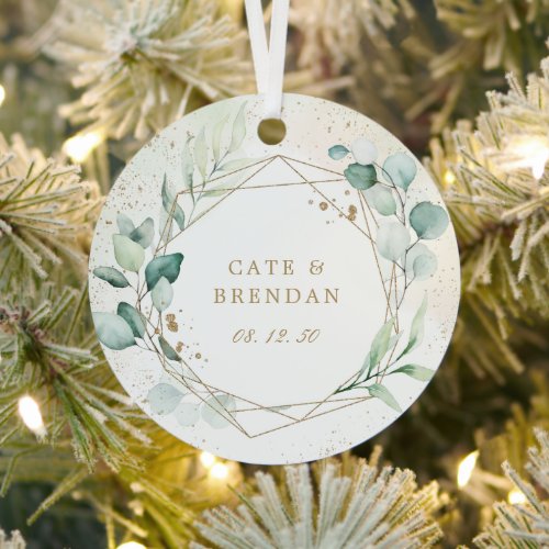 Gold Geometric Eucalyptus Greenery Photo Newlywed Metal Ornament