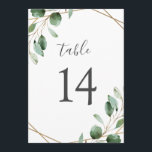 Gold Geometric Eucalyptus Greenery Table Numbers<br><div class="desc">Designed to coordinate with our Moody Greenery wedding collection, this customizable Table Numbers Card features watercolor sage green eucalyptus leaves accented with a gold geometric frame and paired with a stylish script and classy serif font in gray. To make advanced changes, go to "Click to customize further" option under Personalize...</div>
