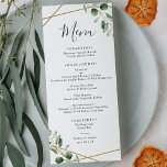 Gold Geometric Eucalyptus Greenery Wedding Menu<br><div class="desc">Designed to coordinate with our Moody Greenery wedding collection,  this customizable Menu features sage green eucalyptus watercolor foliage accented with a gold geometric frame with gray text. To make advanced changes,  go to "Click to customize further" option under Personalize this template.</div>