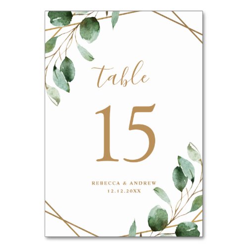 Gold Geometric Eucalyptus Greenery Wedding Table Number