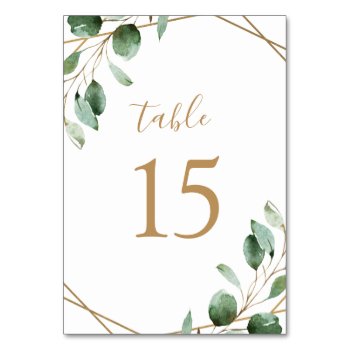 Gold Geometric Eucalyptus Greenery Wedding Table Number by PeachBloome at Zazzle