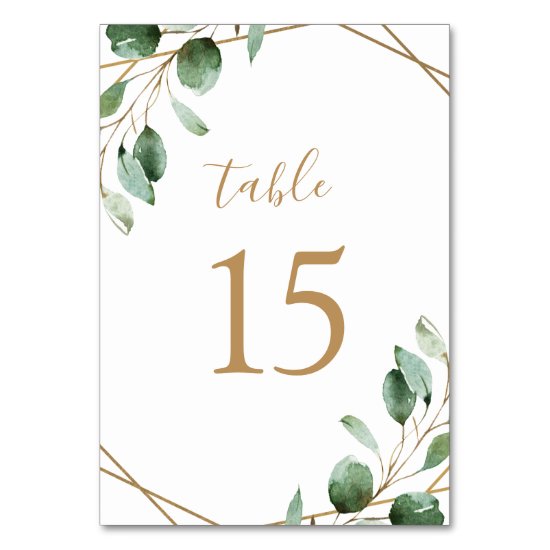 Gold Geometric Eucalyptus Greenery Wedding Table Number
