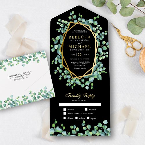Gold Geometric Eucalyptus Leaves Black Wedding All In One Invitation