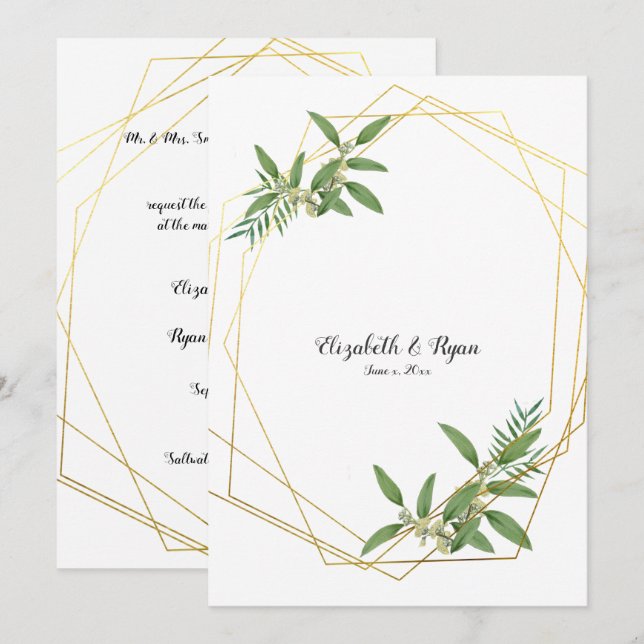 Gold Geometric Eucalyptus Leaves Woodland Invitation (Front/Back)