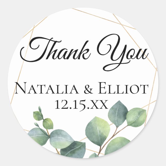 Gold Geometric Eucalyptus Personalized Favor Classic Round Sticker (Front)