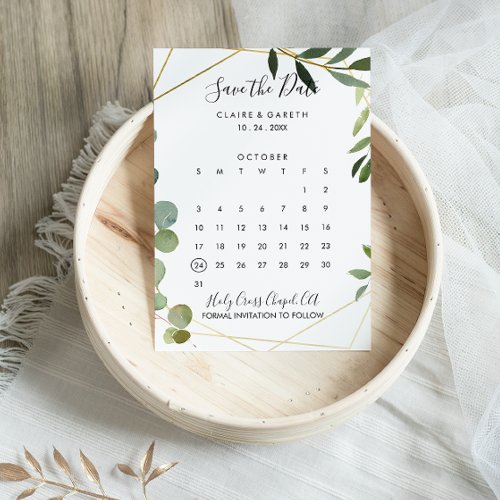 Gold Geometric Eucalyptus Save the Date Calendar