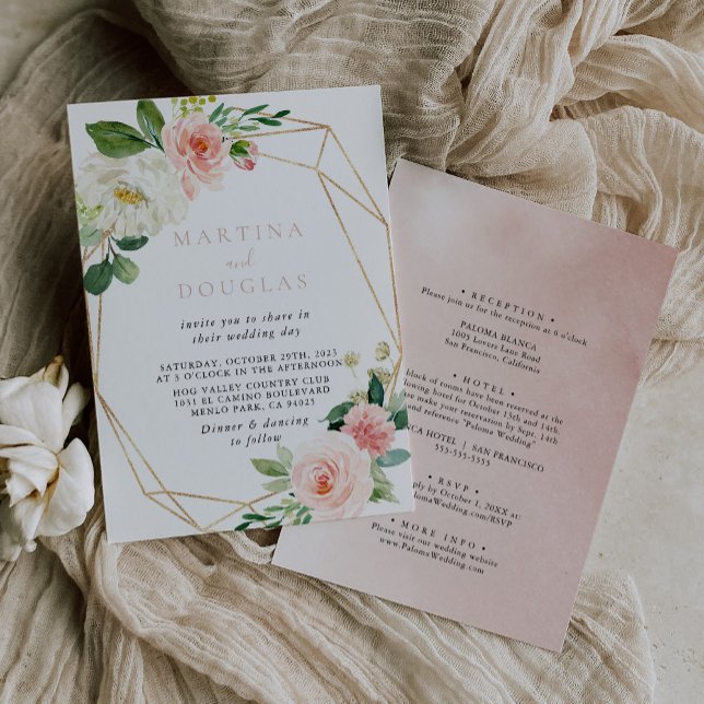 Gold Geometric Fall Flowers Back & Front Wedding   Invitation (Creator Uploaded)
