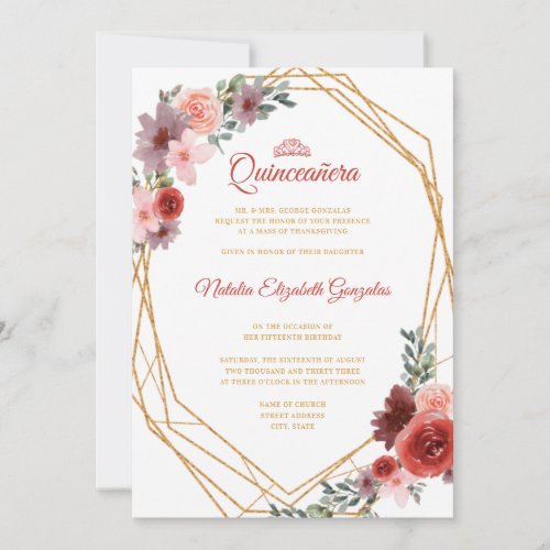 Gold Geometric Floral 15th Birthday Quinceanera Invitation