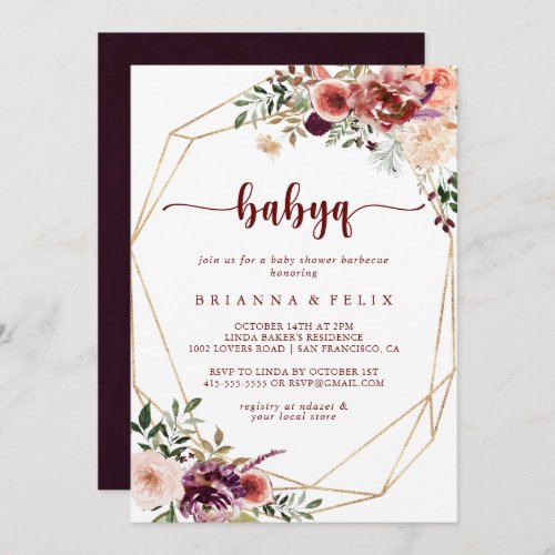 Gold Geometric Floral BabyQ Baby Shower Barbecue  Invitation