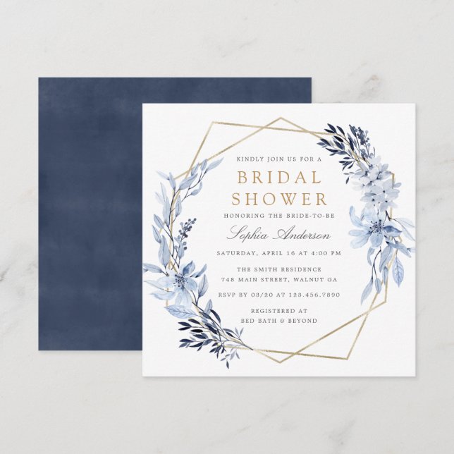 Gold Geometric Floral Blue Leaves Bridal Shower Invitation (Front/Back)