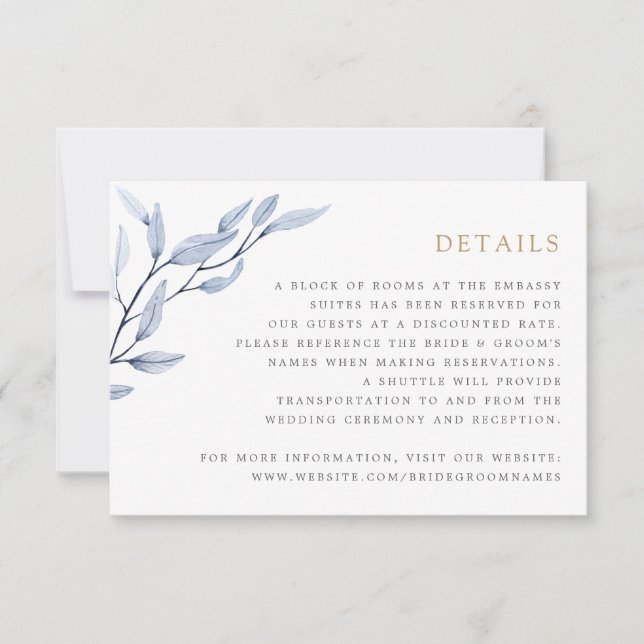 Gold Geometric Floral Blue Leaves Frame Details Invitation (Front)