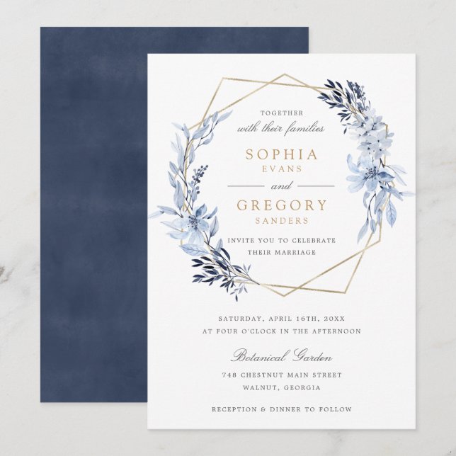 Gold Geometric Floral Blue Leaves Frame Wedding Invitation (Front/Back)