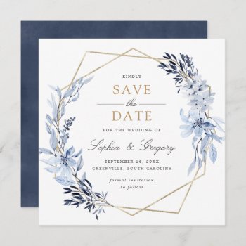 Gold Geometric Floral Blue Leaves Save The Date Invitation by HannahMaria at Zazzle