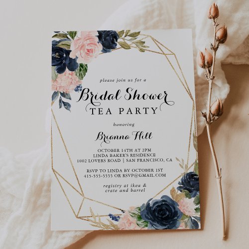 Gold Geometric Floral Bridal Shower Tea Party Invitation