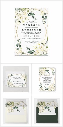 Gold Geometric Floral Greenery Wedding Invitations