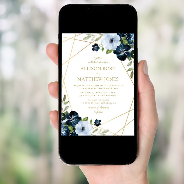 gold geometric floral navy blue wedding invitation (Front Digital)