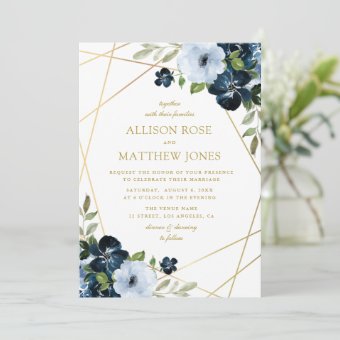 Gold Geometric Floral Navy Blue Wedding Invitation 