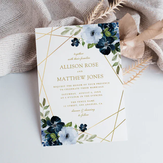 gold geometric floral navy blue wedding invitation | Zazzle