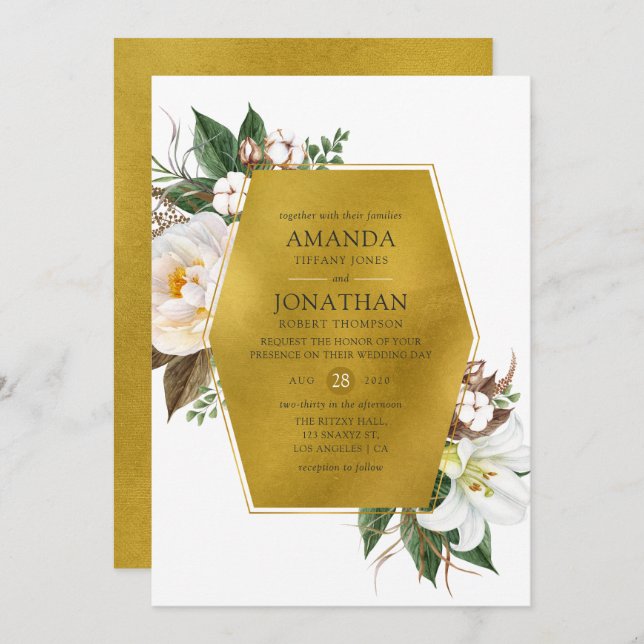Gold Geometric Floral Wedding Invitation (Front/Back)