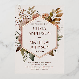 Gold Geometric Floral Wedding Light Rose Beige Foil Invitation