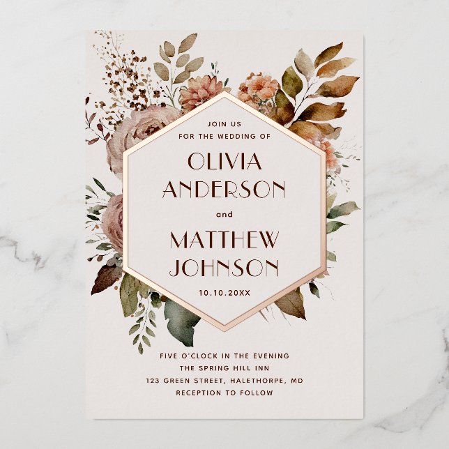 Gold Geometric Floral Wedding | Light Rose Beige Foil Invitation (Front)