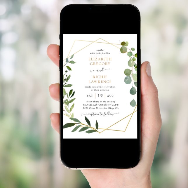 Gold Geometric Frame Eucalyptus Greenery Wedding Invitation (Front Digital)